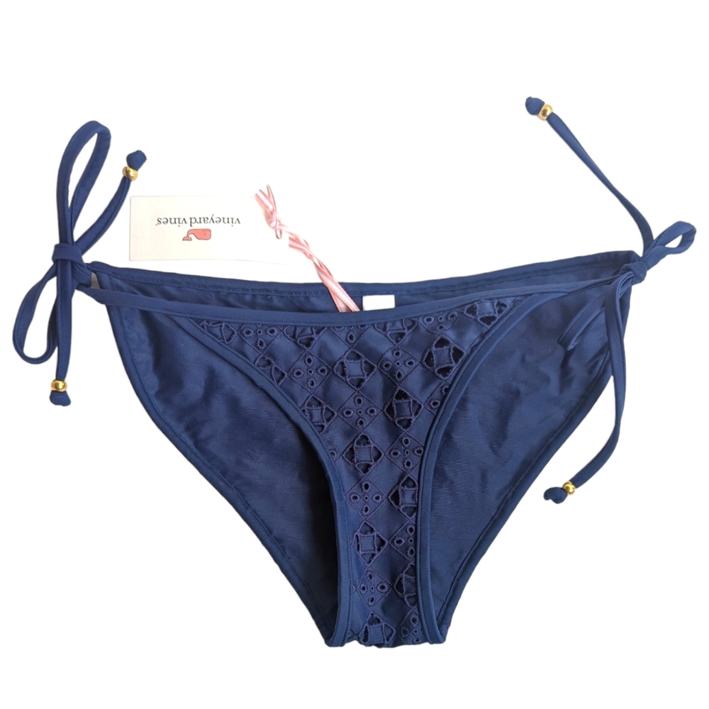 Vineyard Vines Bikini Bottom NWT Navy Blue Eyelet Lace Tie Sides Swimsuit